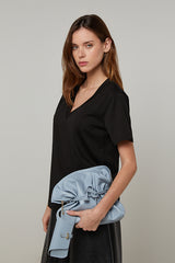 BLACK SHORT-SLEEVE V-NECK COTTON SILK T-SHIRT