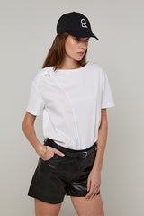 WHITE ROUND-NECK SHORT-SLEEVE COTTON SILK T-SHIRT