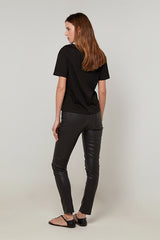 BLACK ROUND-NECK SHORT-SLEEVE COTTON SILK T-SHIRT