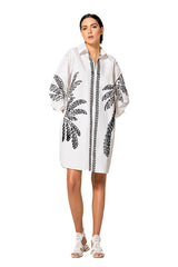 LEAF EMBROIDERED SHORT POPLIN DRESS