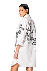 LEAF EMBROIDERED SHORT POPLIN DRESS