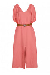 PEACH PUFF SLEEVE LINEN DRESS