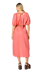 PEACH PUFF SLEEVE LINEN DRESS