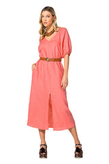 PEACH PUFF SLEEVE LINEN DRESS