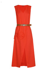 CHERRY V-NECK SLIT COTTON DRESS