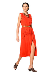 CHERRY V-NECK SLIT COTTON DRESS