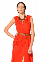 CHERRY V-NECK SLIT COTTON DRESS