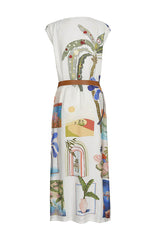 BLUE PRINTED V-NECK VISCOSE DRESS