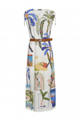 BLUE PRINTED V-NECK VISCOSE DRESS