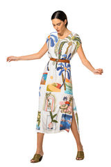 BLUE PRINTED V-NECK VISCOSE DRESS