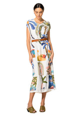 BLUE PRINTED V-NECK VISCOSE DRESS