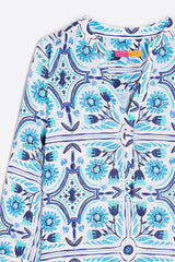 CARLOTA BLUE TILE PRINT LINEN BLOUSE