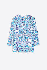 CARLOTA BLUE TILE PRINT LINEN BLOUSE
