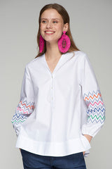 EBBA ZIGZAG EMBROIDERED SLEEVE BLOUSE