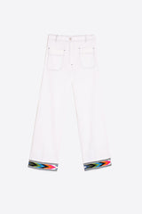 DORIN TRIBAL EMBROIDERED HEM WHITE TROUSERS