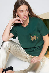 DOG EMBROIDERY GREEN T-SHIRT