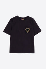 BEADED HEART EMBROIDERY BLACK T-SHIRT