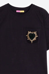 BEADED HEART EMBROIDERY BLACK T-SHIRT