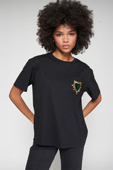 BEADED HEART EMBROIDERY BLACK T-SHIRT