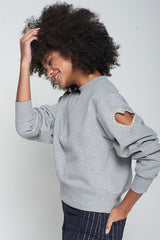 HEART CUT-OUT BEADING GREY SWEATSHIRT