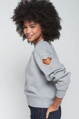 HEART CUT-OUT BEADING GREY SWEATSHIRT