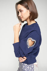 HEART CUT-OUT BEADING NAVY SWEATSHIRT