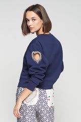 HEART CUT-OUT BEADING NAVY SWEATSHIRT