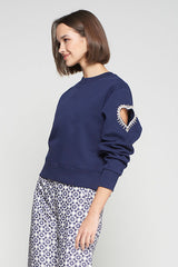 HEART CUT-OUT BEADING NAVY SWEATSHIRT