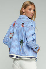 SURF EMBROIDERY BLUE STRIPED BOMBER JACKET
