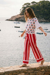 RED STRIPED STRAIGHT-LEG TROUSERS