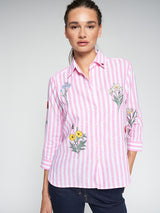 LINEN MIX FLORAL EMBROIDERED PINK STRIPED SHIRT