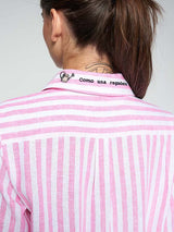 LINEN MIX FLORAL EMBROIDERED PINK STRIPED SHIRT