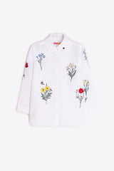 EMBROIDERED FLOWERS WHITE LINEN SHIRT