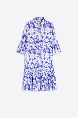 BLUE WHITE TROPICAL PRINT SHORT DRESS
