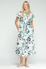 BLUE AND GREEN FLORAL PRINT LINEN SHIRT-DRESS