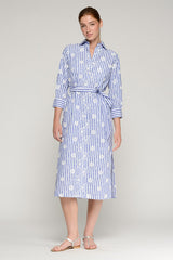 WHITE FLORAL PRINT BLUE STRIPED SHIRT-DRESS