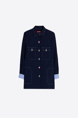 BLUE STRIPED TURN-UPS EMBROIDERED NAVY JACKET