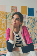 FUCHSIA NAVY TWO-TONE FRAYED CARDIGAN