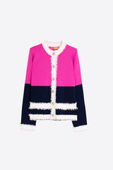 FUCHSIA NAVY TWO-TONE FRAYED CARDIGAN