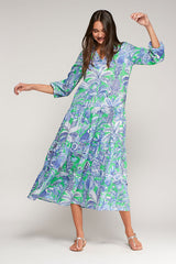 BLUE AND GREEN TROPICAL PRINT V-NECK LONG DRESS