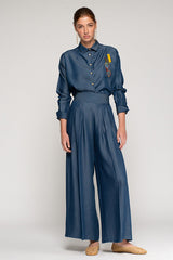 WIDE LEG TENCEL DENIM PLEATED JEANS