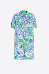 BLUE AND GREEN TROPICAL PRINT SHORT SHIRT-DRESS