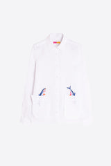 EMBROIDERED FISH WHITE LINEN SHIRT
