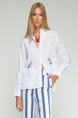 EMBROIDERED FISH WHITE LINEN SHIRT