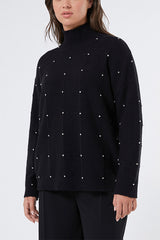 DOROTEA BLACK RHINESTONES ALPACA BLEND POLO NECK JUMPER