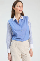 EMBROIDERED COLLAR TEAL STRIPED SHIRT