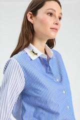 EMBROIDERED COLLAR TEAL STRIPED SHIRT