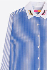 EMBROIDERED COLLAR TEAL STRIPED SHIRT