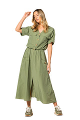 KHAKI SHORT SLEEVES COTTON MIX BLOUSE