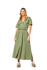 KHAKI SHORT SLEEVES COTTON MIX BLOUSE